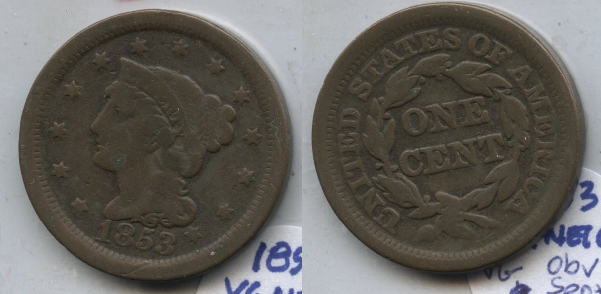 1853 Coronet Large Cent VG-8 #l Obverse Spot